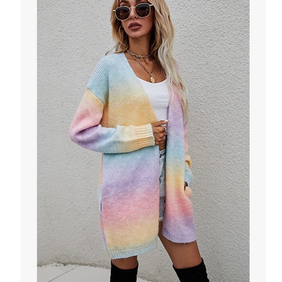 ECOWISH Womens Cardigan Striped Long Sleeve Open Front Casual Knit Sweater - Picture 5 of 7